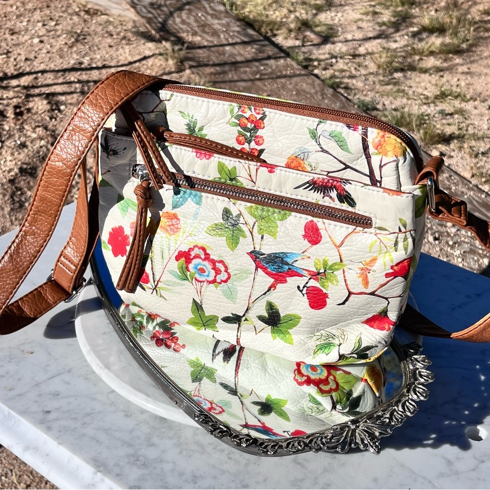 Bueno Spring Summer Bird Floral Shoulder / Crossbody Bag Purse, Adjustable Strap